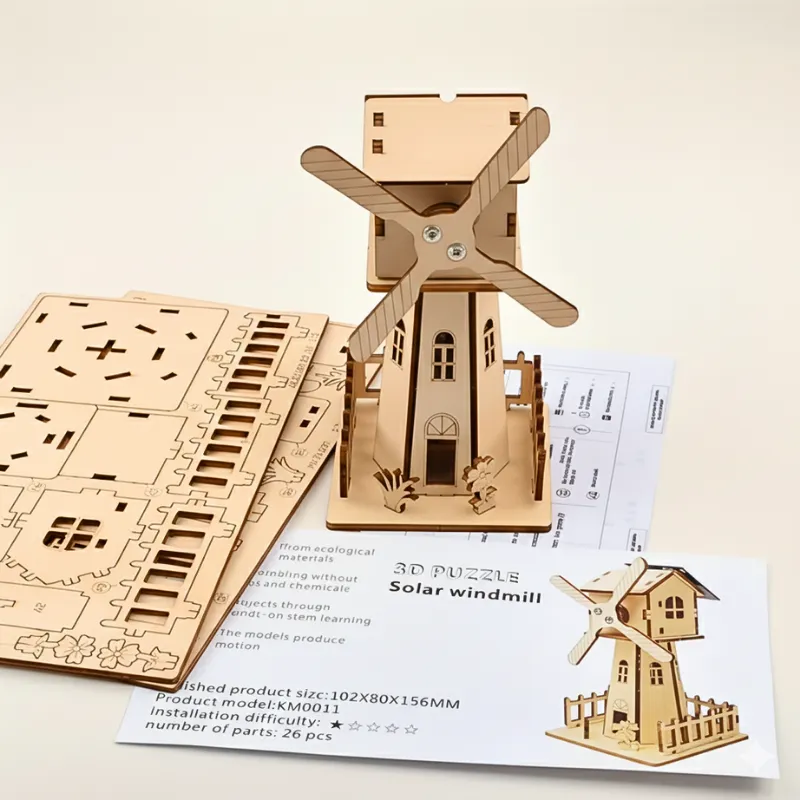 Puzzle 3D di Mulino a Vento Solare in Legno Giocattolo Educativo Montessori per Bambini