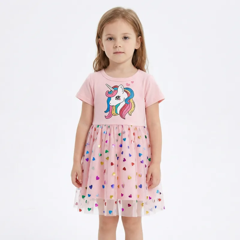 Carino Vestito in Cotone a Maniche Corte con Unicorno per Bambini