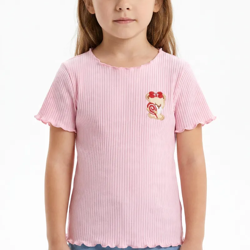 T-shirt Estiva in Cotone con Orlo Ondulato per Bambine