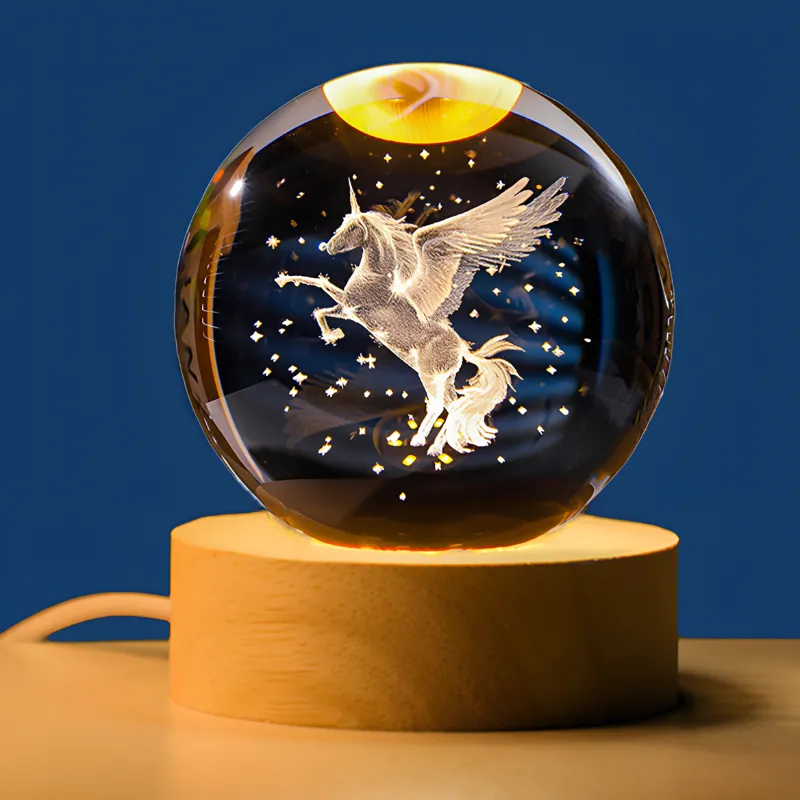 Lampada da comodino LED a sfera di cristallo con unicorno, luce notturna per bambini