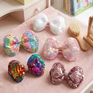 Set di 5 graziose mollette per capelli con fiocco colorato in paillettes per bambini