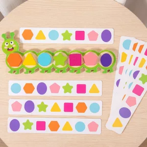 Giocattolo Montessori magnetico in legno a forma di bruco per abbinare colori e forme per bambini