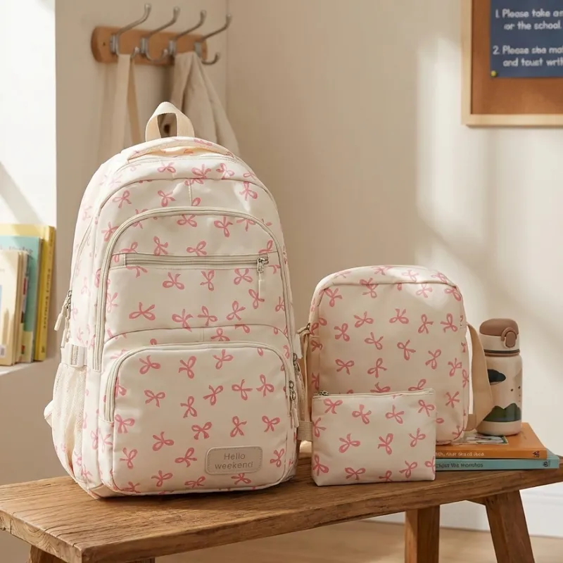 Set zaino scolastico leggero ergonomico carino 3 in 1 con fiocco per bambini