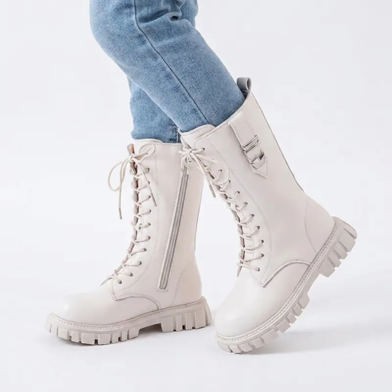 Stivali alti eleganti e soffici con lacci e zip, scarpe antiscivolo impermeabili per bambini